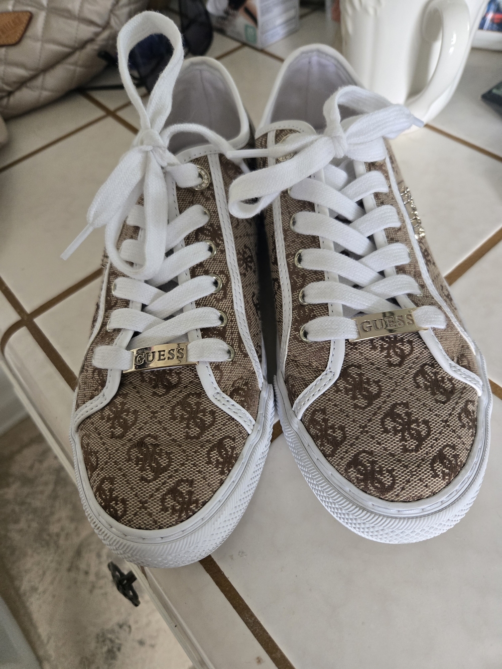Guess Brown Monogram Low-Top Sneakers with White Trim